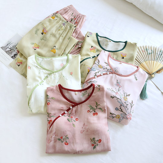 National Style Cotton Silk Belt Chest Pad Pajamas Women's Spring and Summer New Chinese Style Mid-Sleeve Trousers Artificial Cotton Thin Home Clothes suit