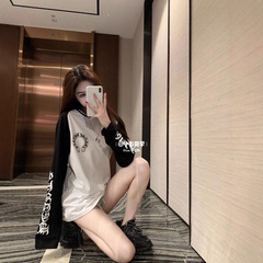 高版本~克罗家短袖印花黑白拼色插肩字母印花宽松长袖T恤男女同款