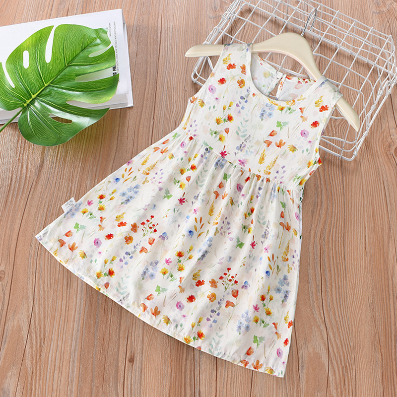 Vestido infantil verano niñas vestido de princesa floral falda de playa 2025 verano nuevo estilo falda de chaleco de tirantes de seda de algodón