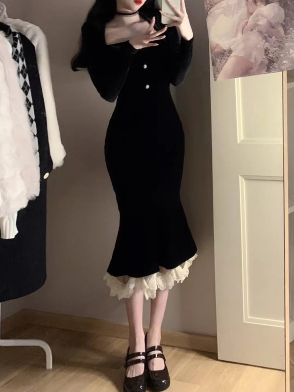 法式赫本风黑色丝绒连衣裙女秋冬高级感鱼尾包臀生日小礼服长裙子|undefined
