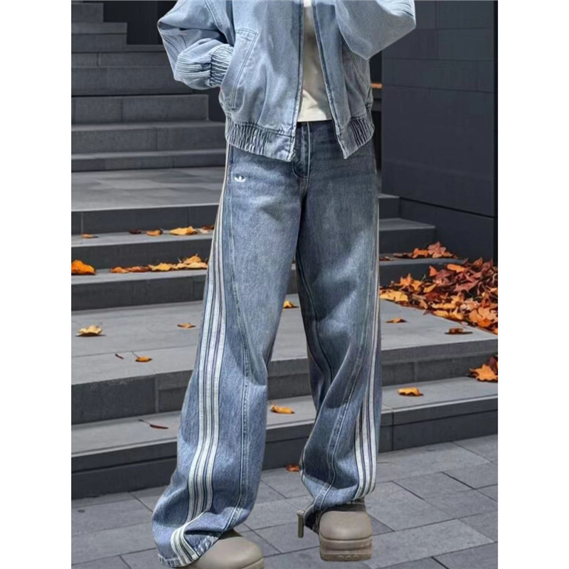 Song Yuqi's Same Style Three-Stripe Retro Jeans for Women, Slimming Loose Wide-Leg Pants, Sporty Washed Straight-Leg Pants 0726 Song Yuqi's Same Style Three-Stripe Retro Jeans for Women, Slimming Loose Wide-Leg Pants, Sporty Washed Straight-Leg Pants 0726