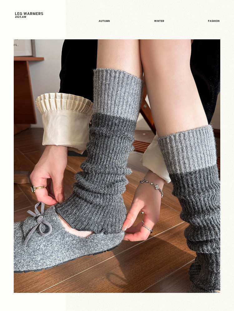 Leg Warmers Bootshang Cotton Pile Socks For Women Contrast Color Knitted Wool Leg Warmers Autumn And Winter Thickened Warm Stitching Gray Calf Socks_voghion.com