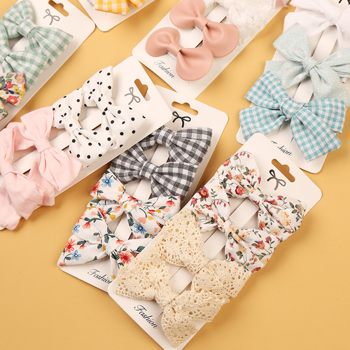 European and American simple bow headband, children's hair accessories four-piece fabric hair clip set, baby headband side clip