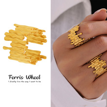 摩天轮欧美熔岩条形不规则钛钢镀金戒指女气质夸张开口指环不掉色