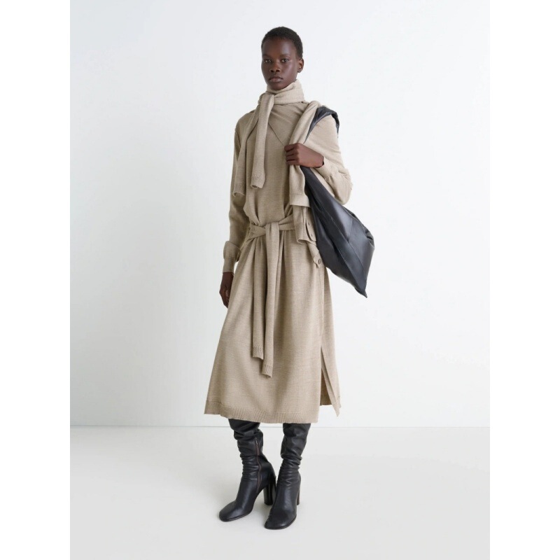 Longmei Knitted High-Neck Long-Sleeve Dress 2026 Autumn/Winter New Lem Style Tie-Waist Slit Mid-Length Dress Longmei Knitted High-Neck Long-Sleeve Dress 2026 Autumn/Winter New Lem Style Tie-Waist Slit Mid-Length Dress