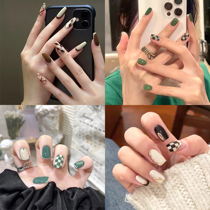 Wearing a nail nail nail piece fake nail patch to extend the nail shake sound network popular chessboard grid fingernail wholesale Wearing a nail nail nail piece fake nail patch to extend the nail shake sound network popular chessboard grid fingernail wholesale