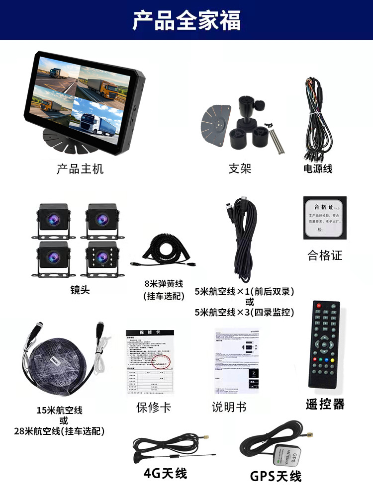 Truck dashcam with 5-channel hard drive, reversing image display, 10inch AHD touch screen, 4G remote mobile monitoring