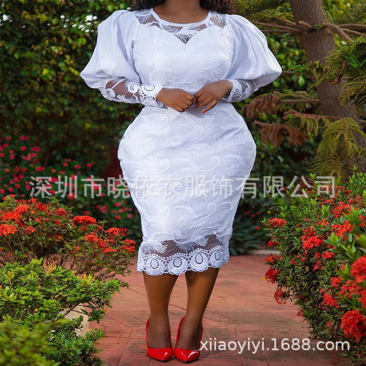 Amazon Aliexpress European and American Hot-Selling Spring and Autumn Women's High-Waisted Lace White Street-Style Dress Mid-Length Evening Dress