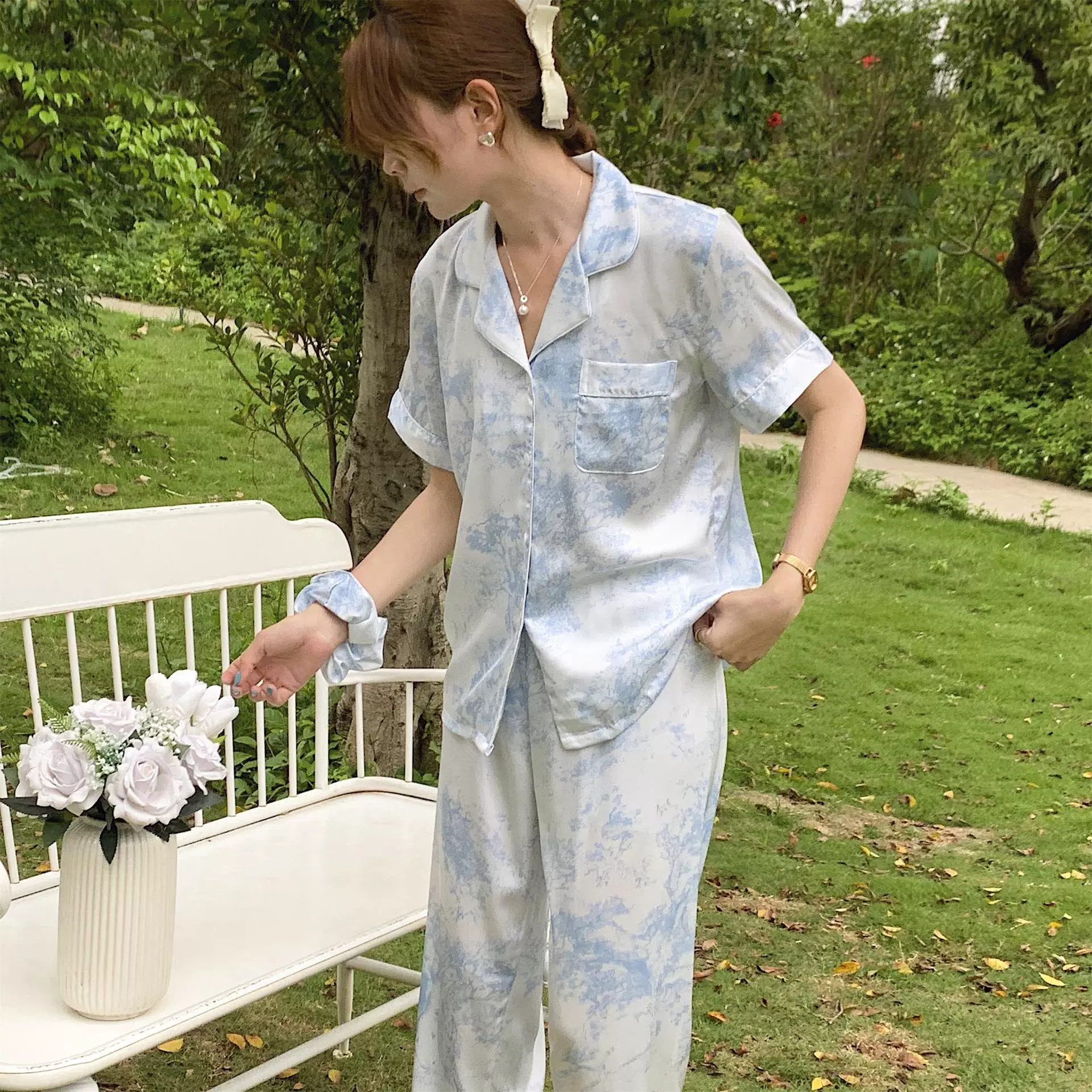Пижама Женские брюки с короткими рукавами Весна и лето Тонкий костюм из ледяного шелка из двух предметов Верхняя одежда из искусственного шелка Домашняя одежда Лето