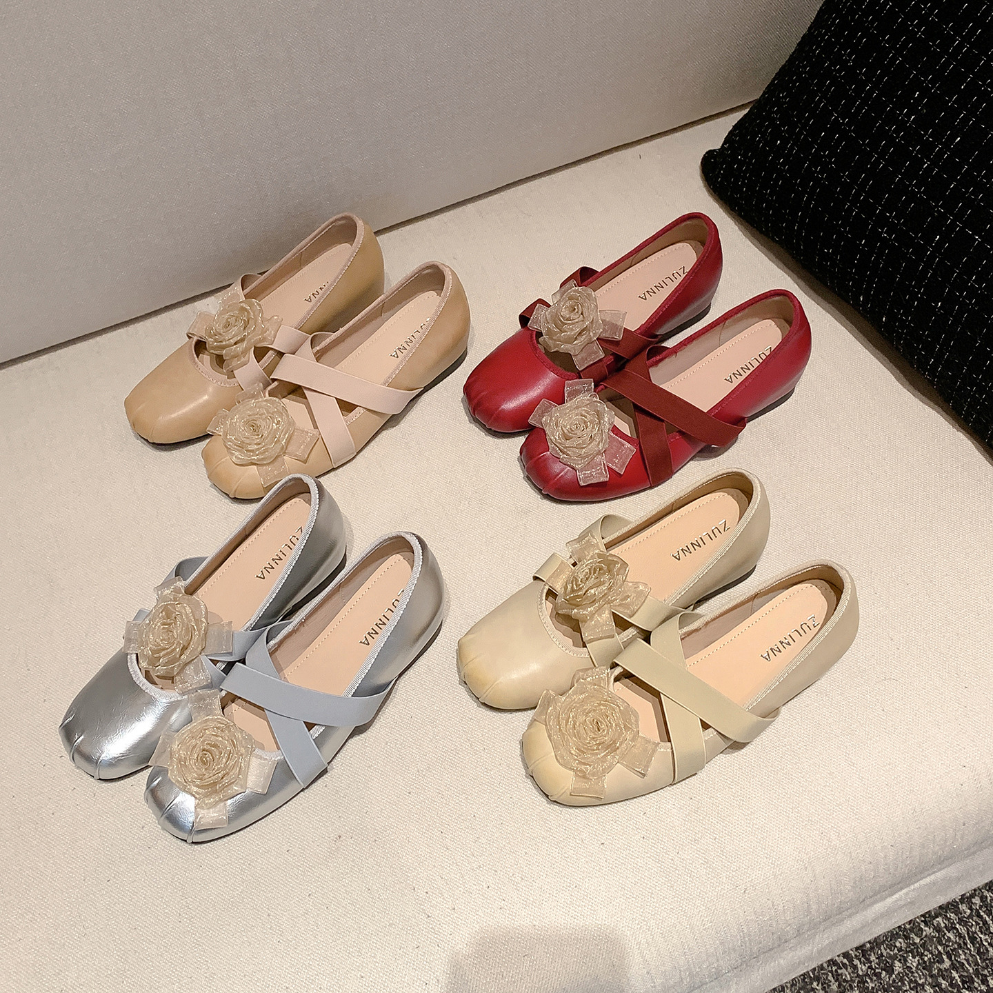 Increase Height by 5cm Camellia French Shallow Mouth Ballet Shoes for Women to Wear Versatile Round Toe Soft Sole Silver Mary Jane Shoes