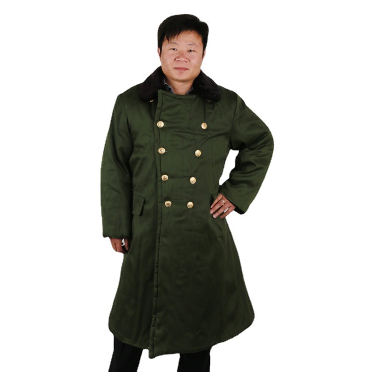 2020 goods in stock Fit Solid Double-breasted go to work Three-dimensional stickers Army green middle age Thick cotton overcoat