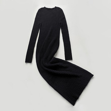 秋冬花呢纱羊毛针织长裙 大衣打底利器V领弹力修身长袖针织连衣裙