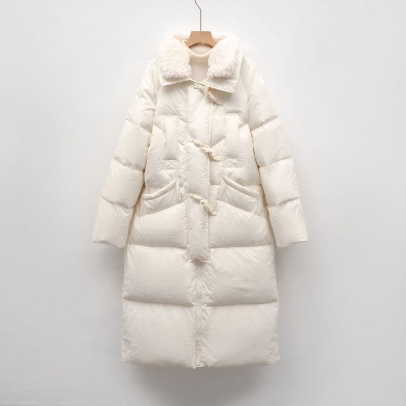 Pinghu New White Duck Down Long Down Jacket Women's Winter New Simple Wool Collar Thickened Loose Over-the-knee Coat Trendy Pinghu New White Duck Down Long Down Jacket Women's Winter New Simple Wool Collar Thickened Loose Over-the-knee Coat Trendy