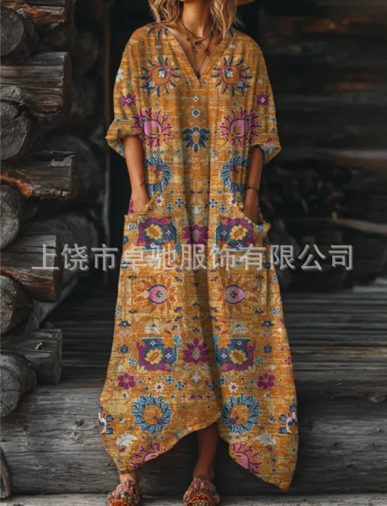 2025新款独立站女式复古花卉艺术图案印花口袋V领口袋连衣裙|undefined