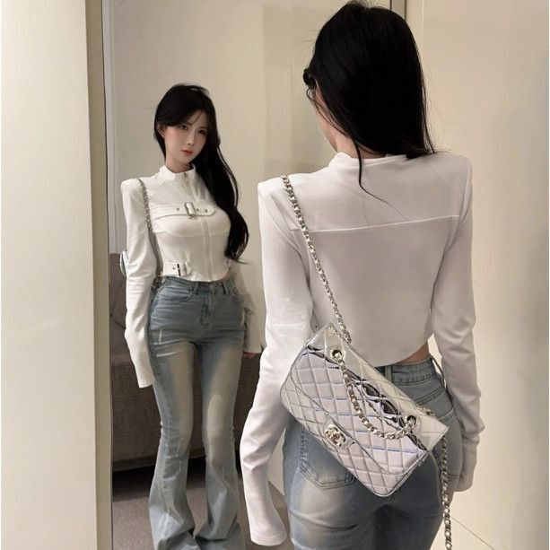 American Retro Black Long-Sleeve Stand-Collar T-Shirt for Women, Early Autumn Slim-Fit Stylish Button-Down Short Top, Trendy Base Shirt