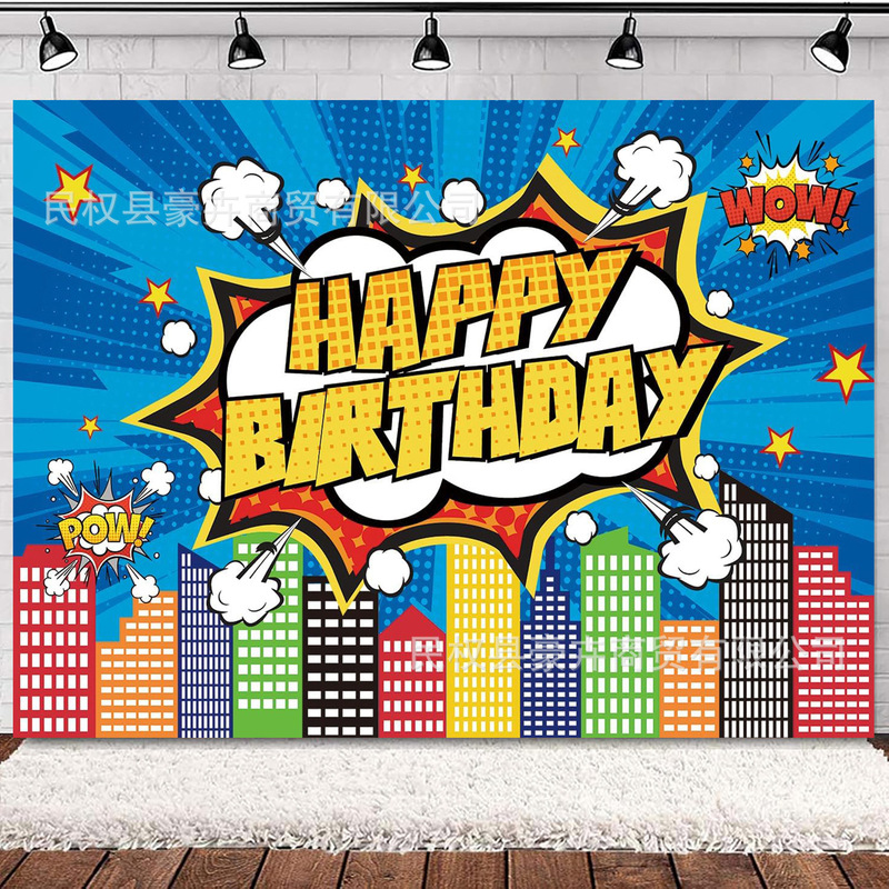 Amazon Hot Sale Super Hero City Landscape Photography Background Cloth Birthday Decoration Party Banner Hanging Cloth Supplies