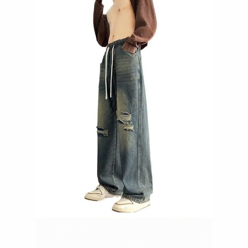American-style ripped wide-leg jeans for men, autumn retro straight-leg new winter collection, loose fit, trendy high-street casual long pants