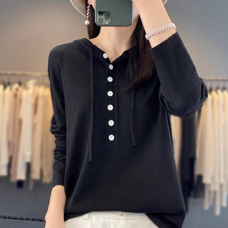2025 Early Autumn New Worsted Wool Hooded Knitwear Long-Sleeved Women's Pure Color Button Loose Pullover Bottoming Shirt