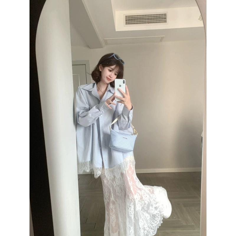 CallmeEar// Исландский мусс, свободная и универсальная кружевная рубашка/тонкая длинная кружевная юбка