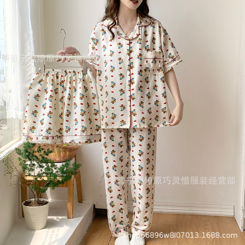 Red famosa nuevo pijama de mujer nubes de verano algodón pantalones cortos de manga corta pantalones largos de tres piezas de dibujos animados set de ropa para el hogar