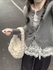 韩系复古灰色针织开衫女秋新款设计感上衣洋气别致毛衣外套