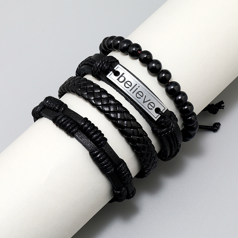 Fashion Cross Letter PU Leather Beaded Unisex Bracelets 4 Pieces
