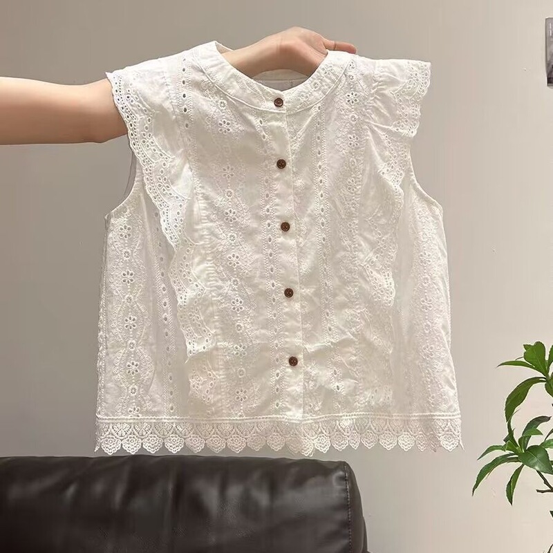 White Chinese-Style Summer New Lace Blouse, Sleeveless Lace Shirt, Hollow-Out Short Top, Off-Shoulder, High Elasticity White Chinese-Style Summer New Lace Blouse, Sleeveless Lace Shirt, Hollow-Out Short Top, Off-Shoulder, High Elasticity