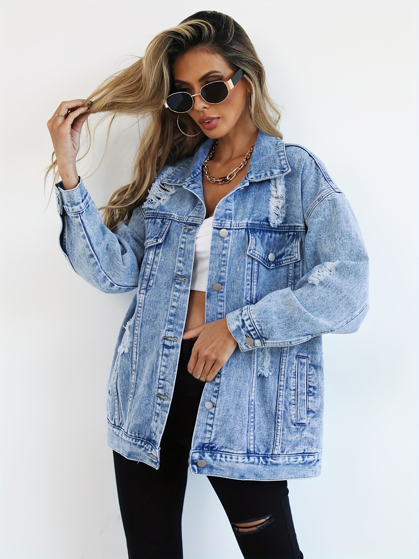 Cross-Border New European and American Amazon Aliexpress Denim Jacket Women's Ripped Design Women's Denim Jacket Tops Women