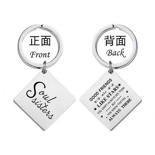 Metal Keychain Square Dual-Sided European and American Cross-Border Family Inspirational Commemorative Festival Gift Metal Engraved Keychain