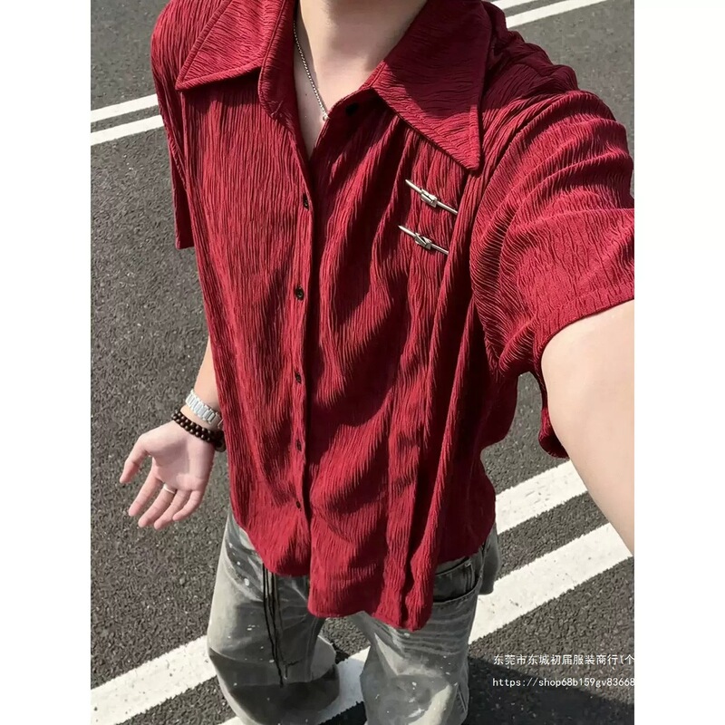 New Chinese-Style Burgundy Ice Silk Cool-Touch Short-Sleeve Shirt for Men, Summer National Trend Light Luxury High-Quality Design Shirt