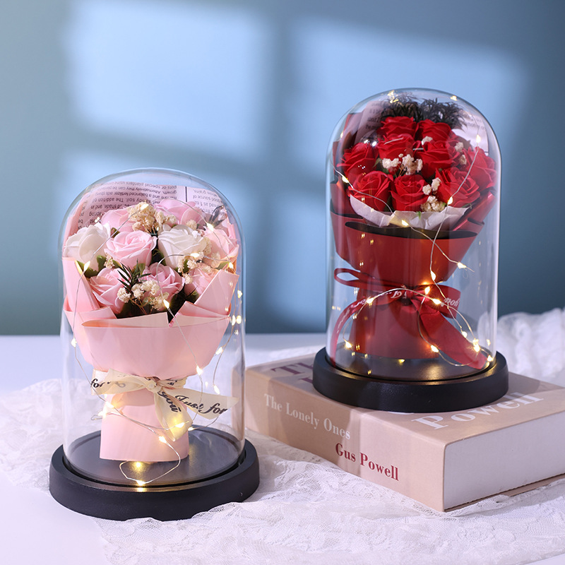 Flor inmortal cubierta de vidrio decoración 9 ramos de rosas flores secas para el día de San Valentín 520 regalo de cumpleaños para la novia