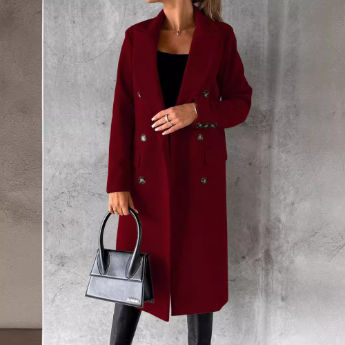Women's Spring 2025 Coat - Versatile Woolen Overcoat, Solid Color, Long Sleeve, Double Breasted, Pockets