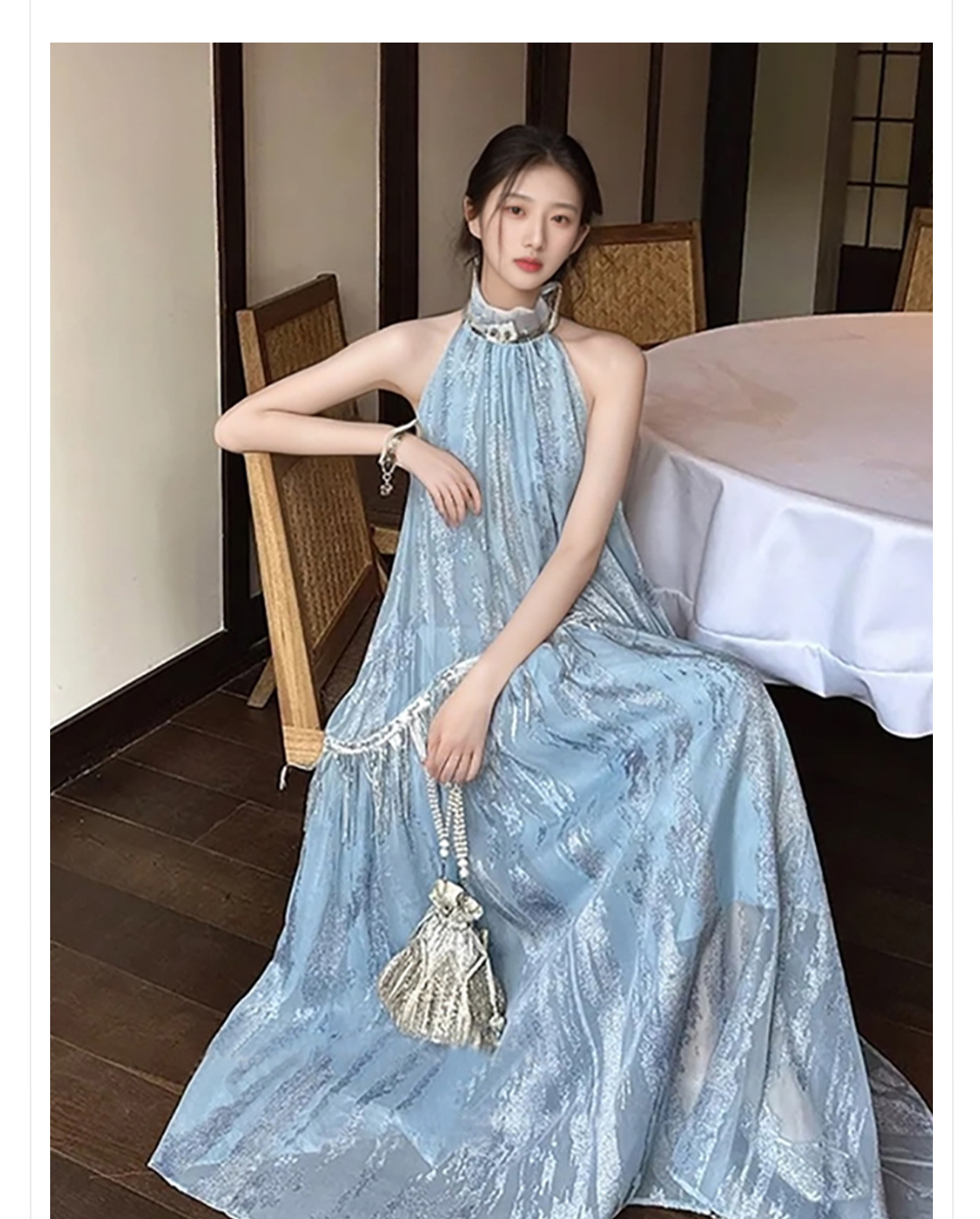 Váy dây thêu hoa cao cấp phong cách Trung Quốc mới, không tay thanh lịch mùa hè N5024 — Xanh lam sông băng chi tiết 2