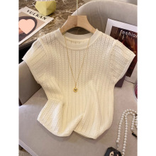 韩都衣舍可盐可甜短袖针织衫女夏季设计圆领麻花短款上衣无袖款