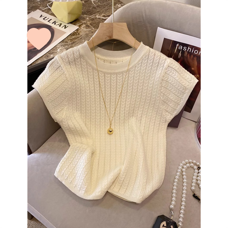 韩都衣舍可盐可甜短袖针织衫女夏季设计圆领麻花短款上衣无袖款