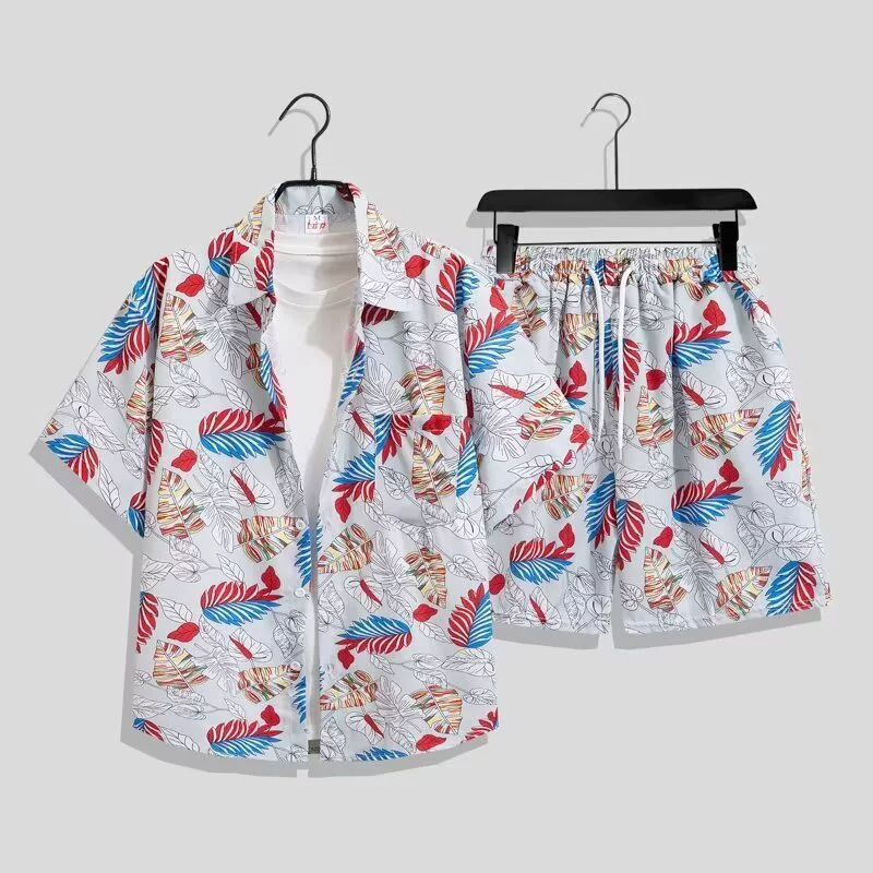 Летняя гавайская пара из ледяного шелка носит высококачественную повседневную свободную рубашку с короткими рукавами Санья, пляжные топы для пар