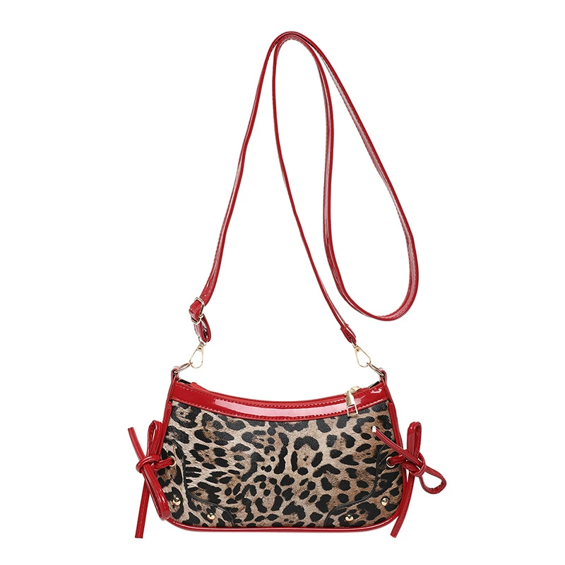 Shoulder bag retro small with bow, leopard-pattern panel, faux-leather trim, 23.5×5×13 cm