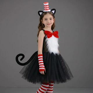 万圣节儿童演出服戴帽子的猫舞台剧cos表演服猫耳朵女童蓬蓬裙装
