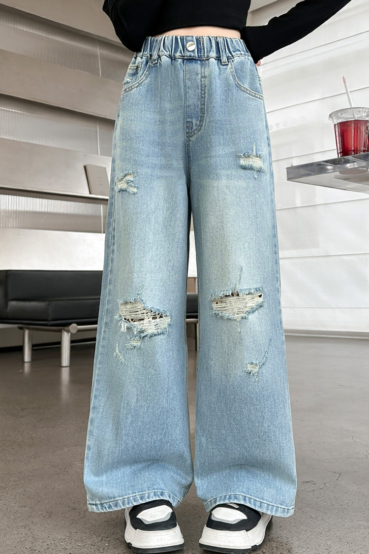 Girls 25 Spring Ripped Label Denim Wide Leg Pants 2515 New Children's Miscellaneous European And American Jeans_voghion.com