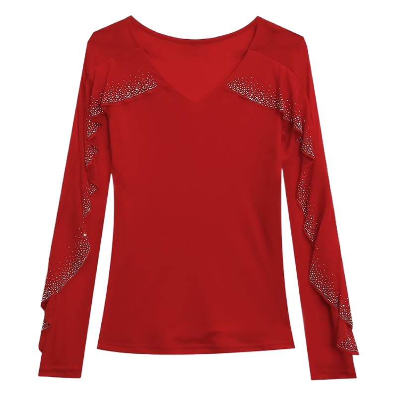 Real shot 2024 primavera nueva malla de moda cuello redondo ahueca hacia fuera el trabajo pesado con volantes rhinestone caliente del todo-fósforo de manga larga de las mujeres top