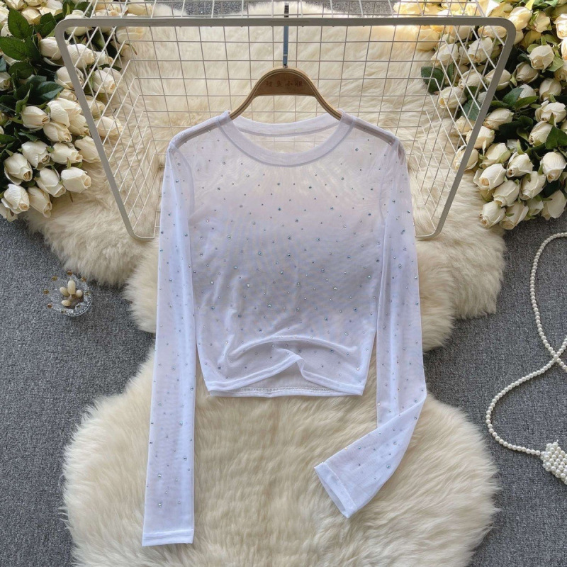 European and American Long-Sleeved Sequined Mesh Tops for Women, Niche and Chic Pure Lust Hotties, Sexy See-Through Inner Layering Shirts