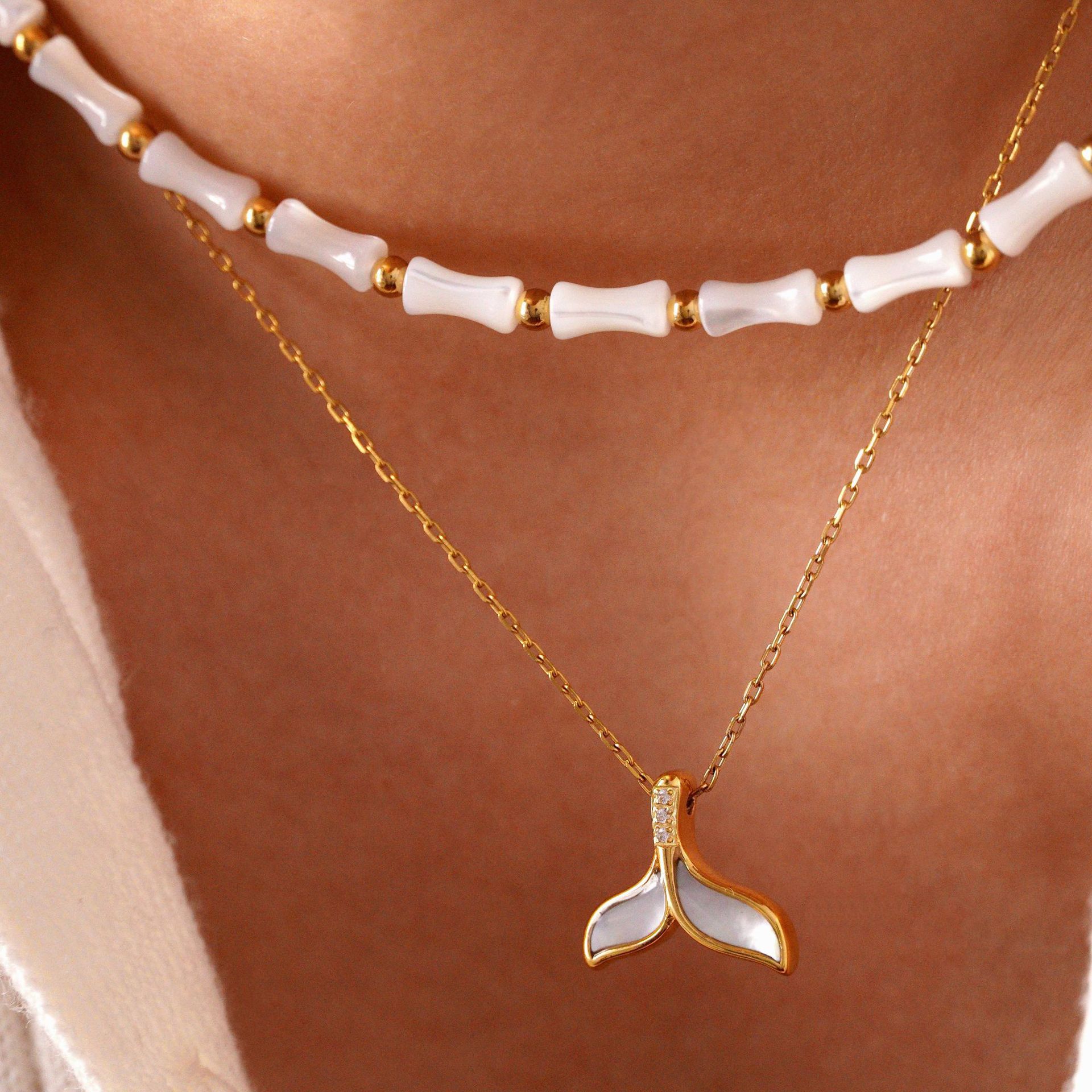 Titanium Steel Chain Material Natural Stone Titanium Steel Casual Beaded Inlay Geometric Fish Tail Shell Zircon Pendant Necklace