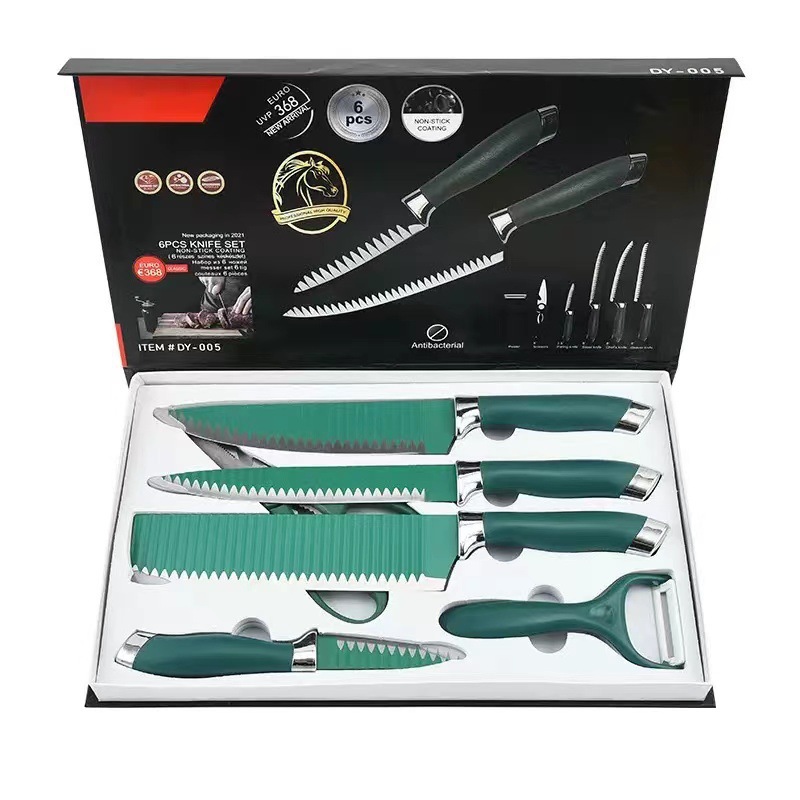 En stock venta al por mayor fábrica verde patrón de onda de seis piezas de cocina cuchillo de cocina regalo cuchillo traje cuchillo de acero inoxidable