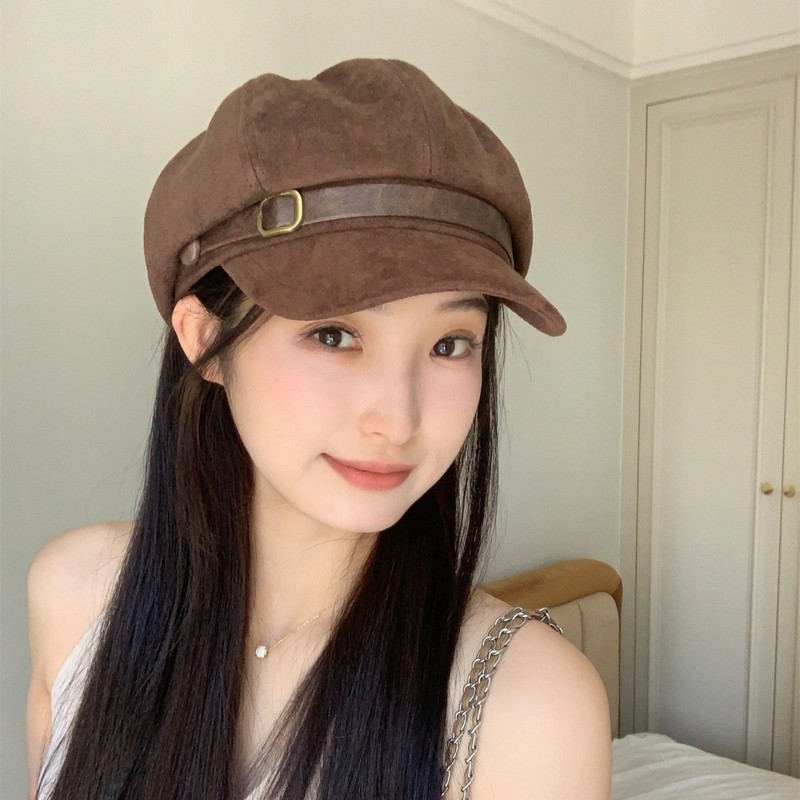 2025秋冬新款麂皮绒复古贝雷帽女韩系做旧潮气质时尚显脸小八角帽|undefined