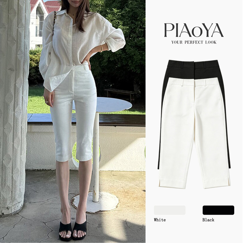 White high-waisted cropped suit pants for women, summer slimming ice silk straight mid-length pants, petite casual elegant cigarette pants