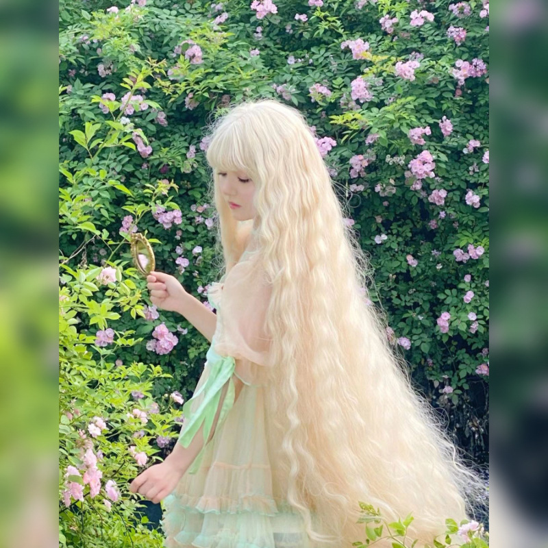 Morikawa capelli ricci lunghi 1 metro, parrucca oro chiaro, set completo per la testa, lolita femminile, motivo a increspature dell'acqua, studio, Mao Niang_voghion.com