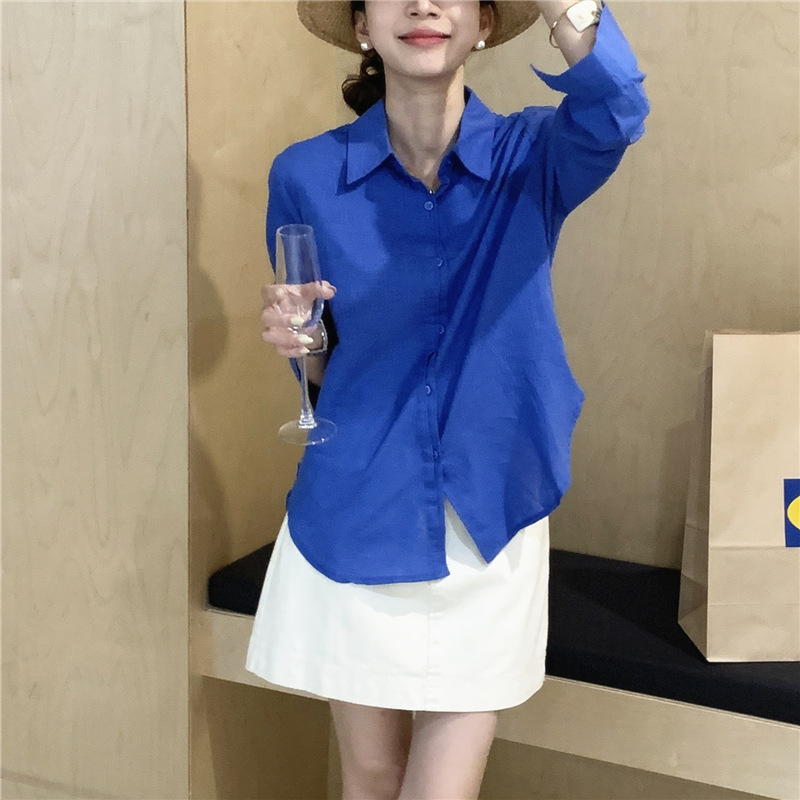 2025法式克莱因蓝亚麻衬衫女夏季老钱风衬衣长袖防晒棉麻上衣|undefined