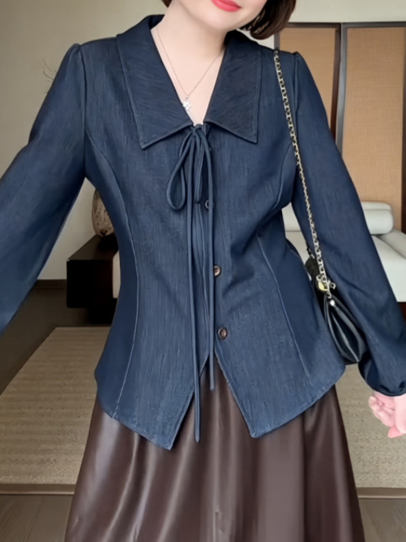 大码女装翻领掐腰长袖牛仔衬衫早秋新款微胖mm设计感时尚显瘦上衣|undefined