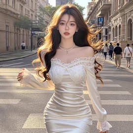 TZ6073气质名媛风一字领连衣裙女轻奢富家千金感收腰显瘦包臀短裙