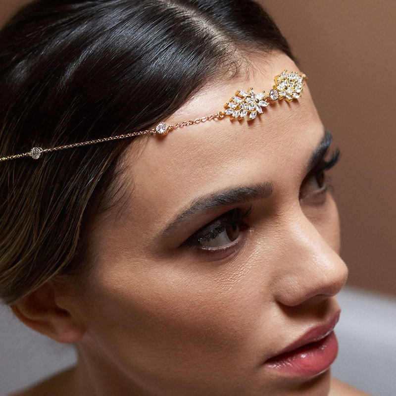 Amazon incendio zircon cadena de frente de moda europea y americana vestido de boda accesorios cadena de pelo mujer cadena de pelo